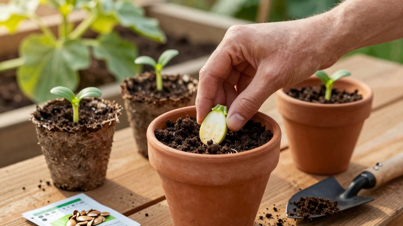 Mão a plantar semente num vaso de barro com mudas em vasos ao fundo e terra sobre mesa de madeira.