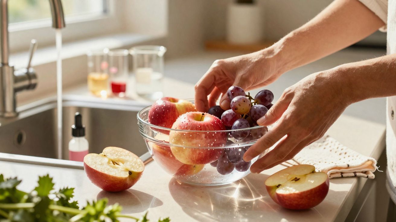 Mãos a colocar uvas numa taça de vidro com maçãs lavadas numa cozinha luminosa.