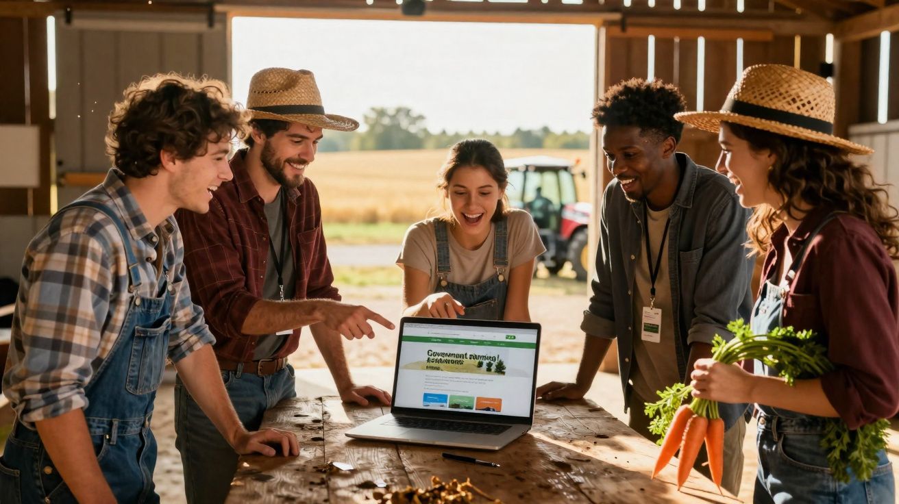Jovens agricultores em celeiro a ver informações numa computador portátil sobre agricultura sustentável.